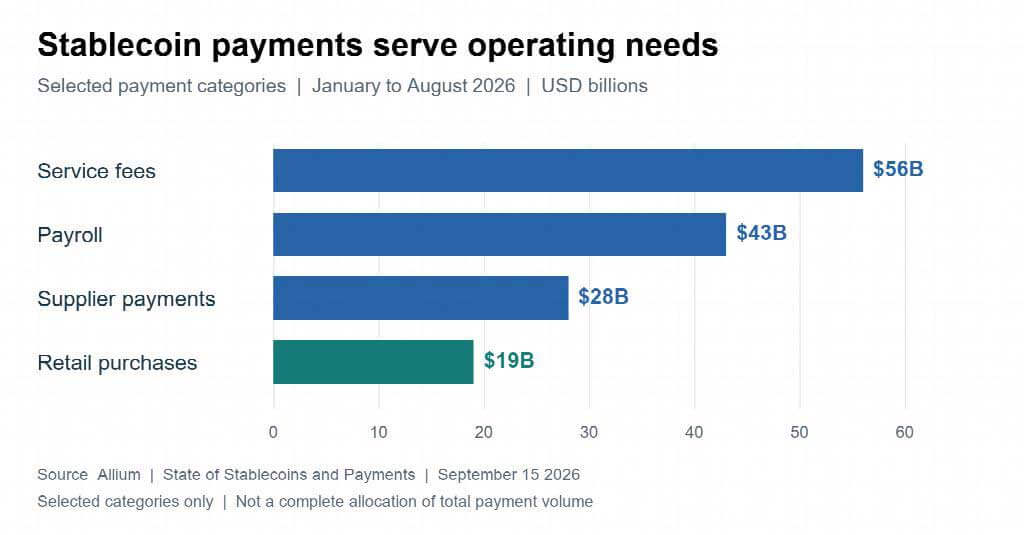 Selected payment uses from January to August 2026, in USD billions. These categories illustrate operating uses and are not a complete breakdown of total payments.