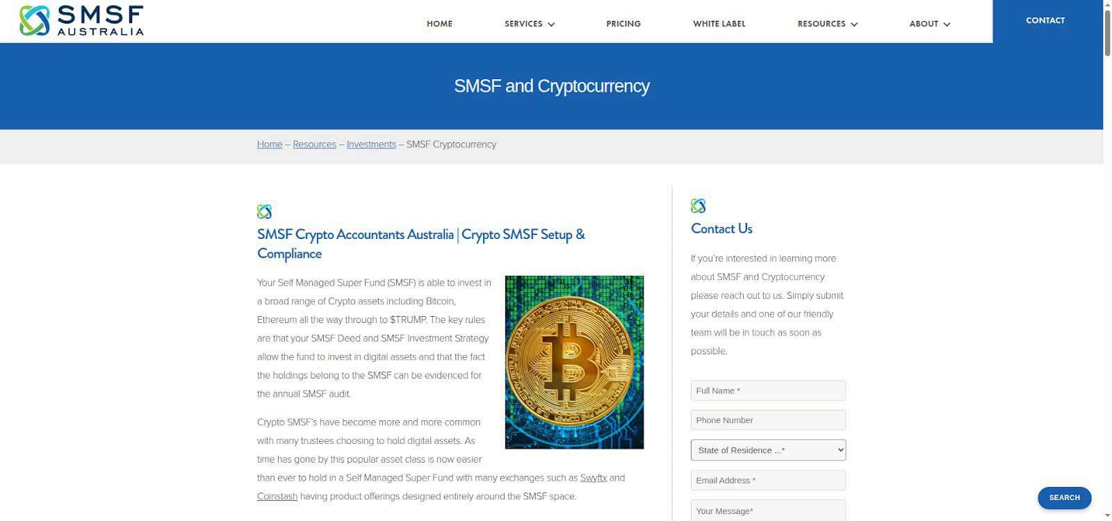 Screenshot of smsfaustralia.com.au/smsf-cryptocurrency/, captured September 2026.