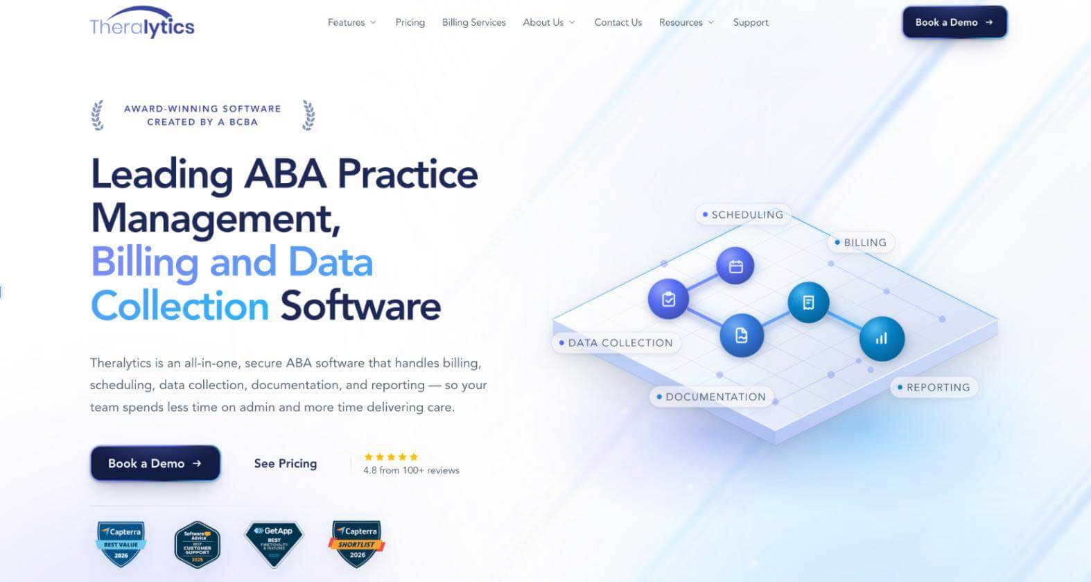 Theralytics ABA practice management software homepage highlighting billing, scheduling, data collection, documentation, and reporting features.