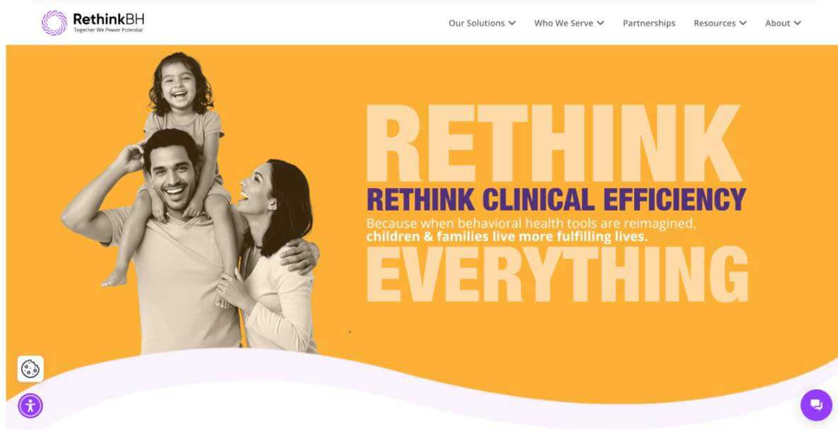 RethinkBH behavioral health software homepage featuring clinical efficiency tools for children, families, and ABA providers.