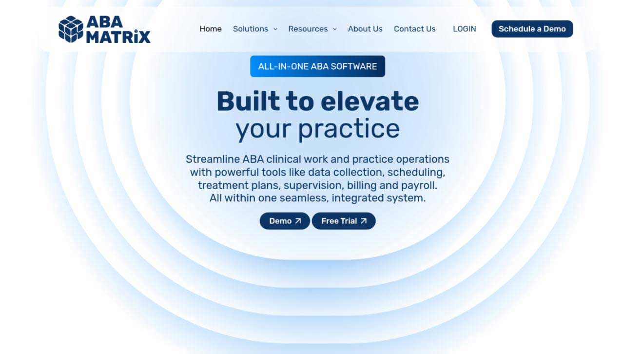 ABA Matrix all-in-one ABA software homepage promoting data collection, scheduling, treatment plans, supervision, billing, and payroll.