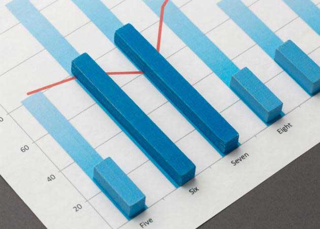 Blue bar chart with a red trend line illustrating financial or business performance data.