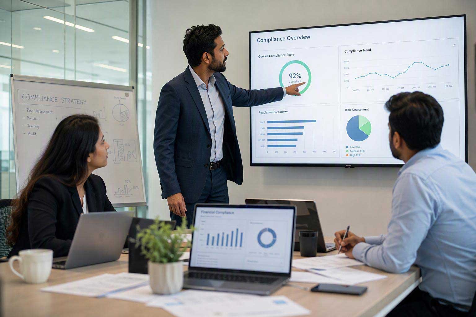 Business team reviewing regulatory compliance data and risk assessment charts during an office meeting.