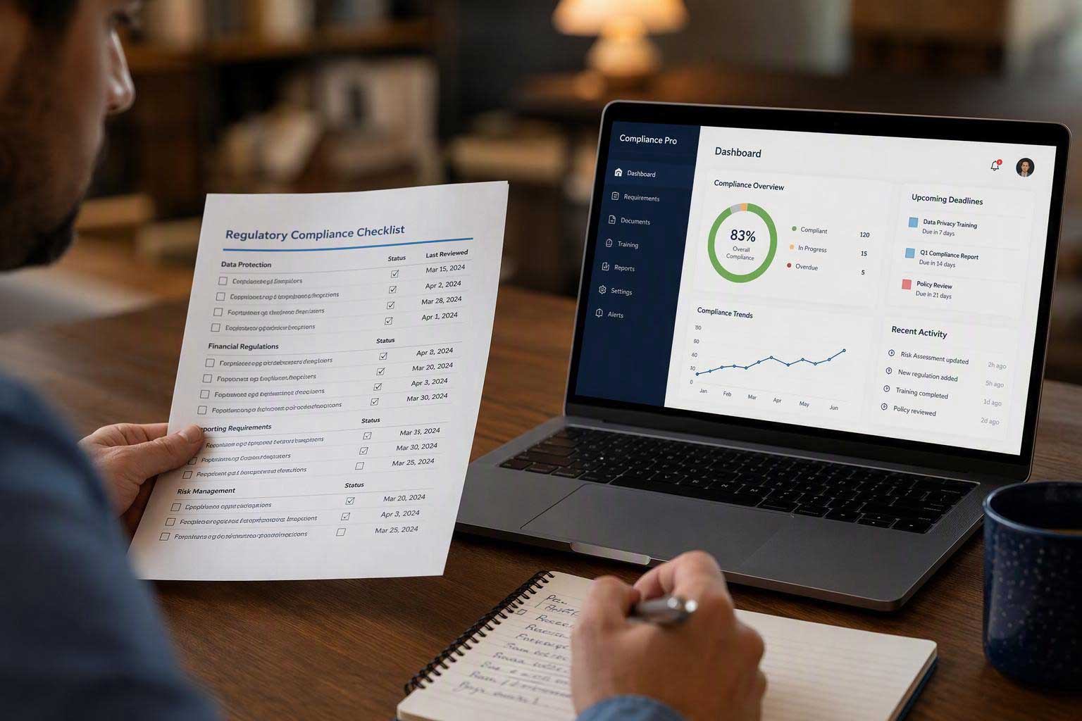 Professional reviewing a regulatory compliance checklist alongside a laptop dashboard showing compliance status, trends, and upcoming deadlines.