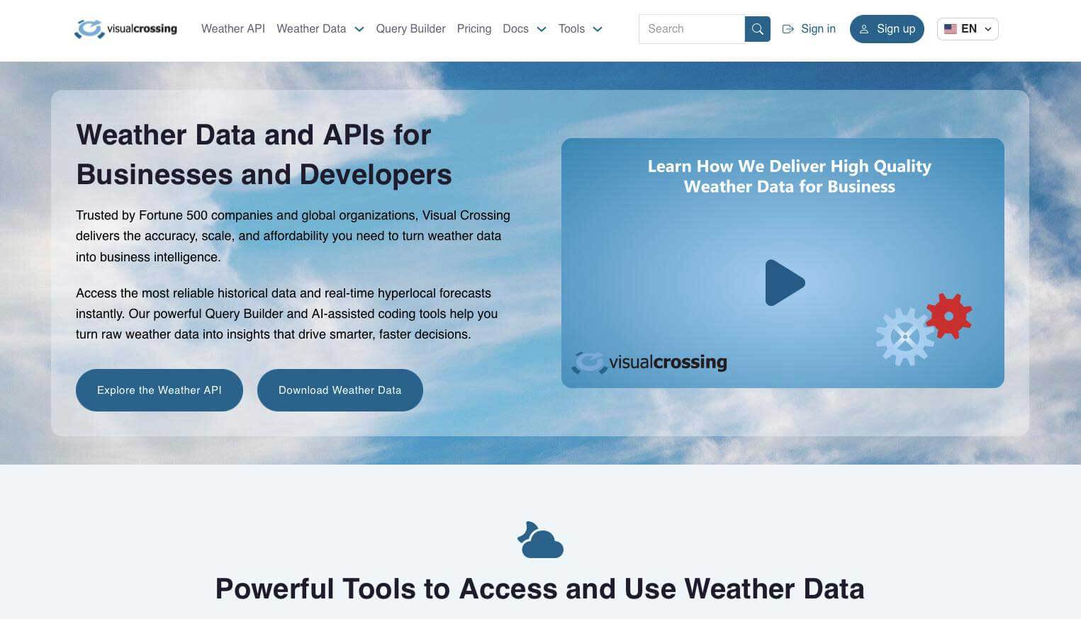 Visual Crossing homepage promoting weather data, historical weather information, forecasts, and APIs for businesses and developers.