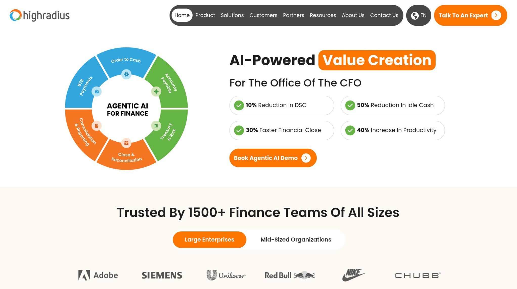 HighRadius homepage highlighting AI-powered finance automation for order-to-cash, accounts payable, treasury, reconciliation, and financial close.