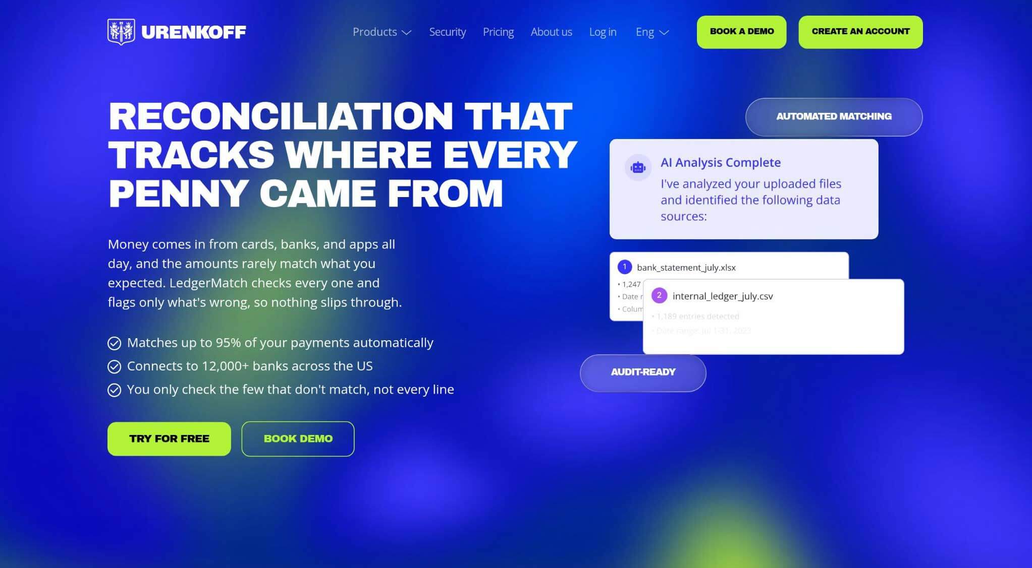 Urenkoff reconciliation software homepage promoting automated transaction matching, bank connectivity, and AI-assisted financial reconciliation.