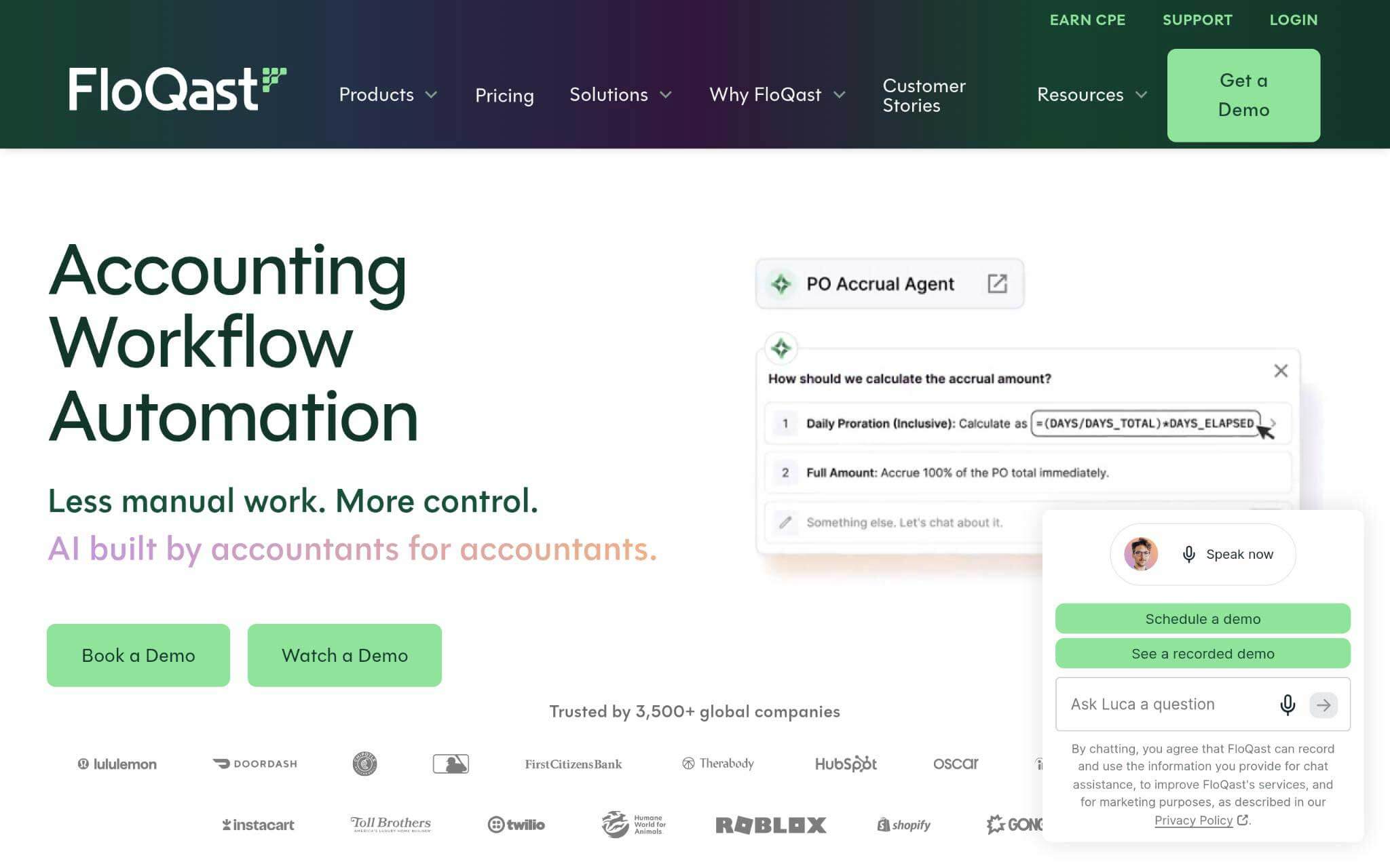 FloQast accounting workflow automation homepage featuring AI-powered accrual tools, financial close automation, and accountant-focused workflows.