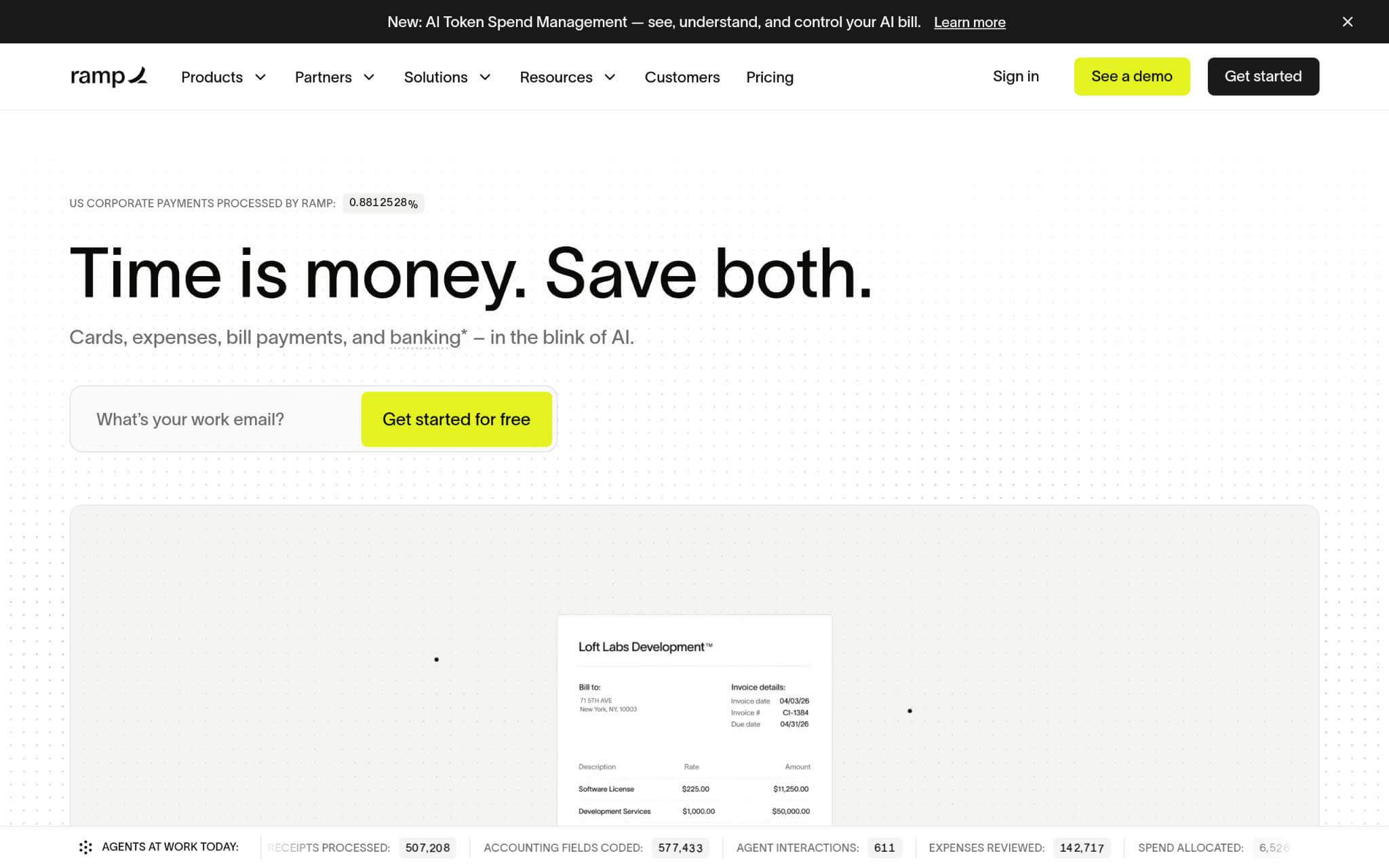Ramp financial management homepage promoting AI-powered cards, expenses, bill payments, banking, and automated finance operations.