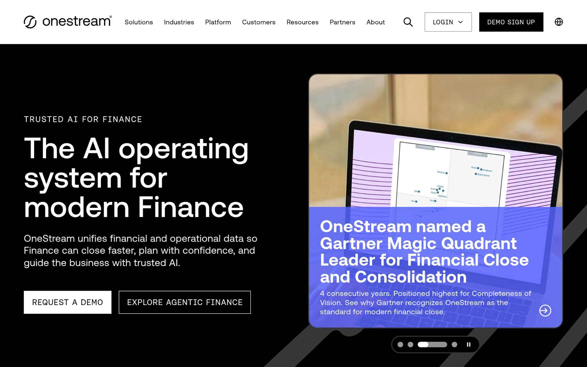 OneStream finance software homepage highlighting AI-powered financial close, consolidation, planning, and operational data management.