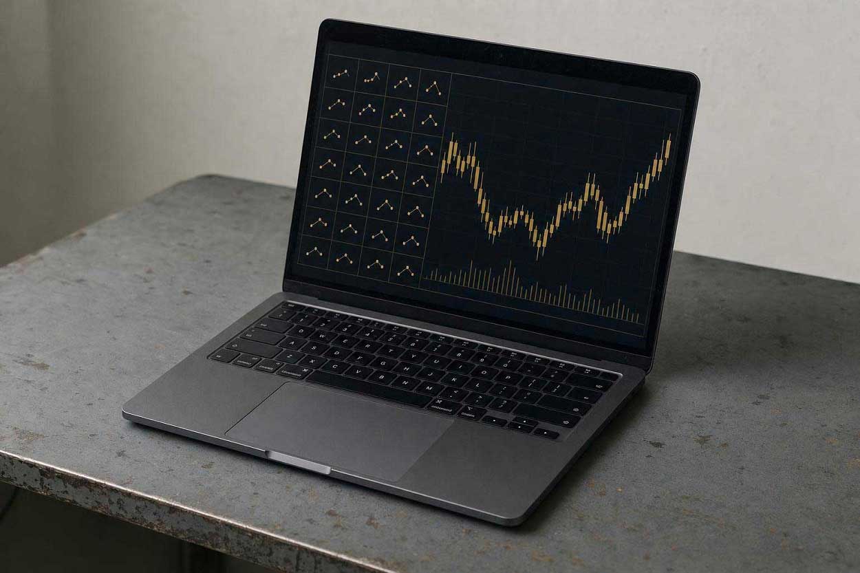 Laptop displaying a financial trading chart with candlestick price movements and technical pattern indicators.