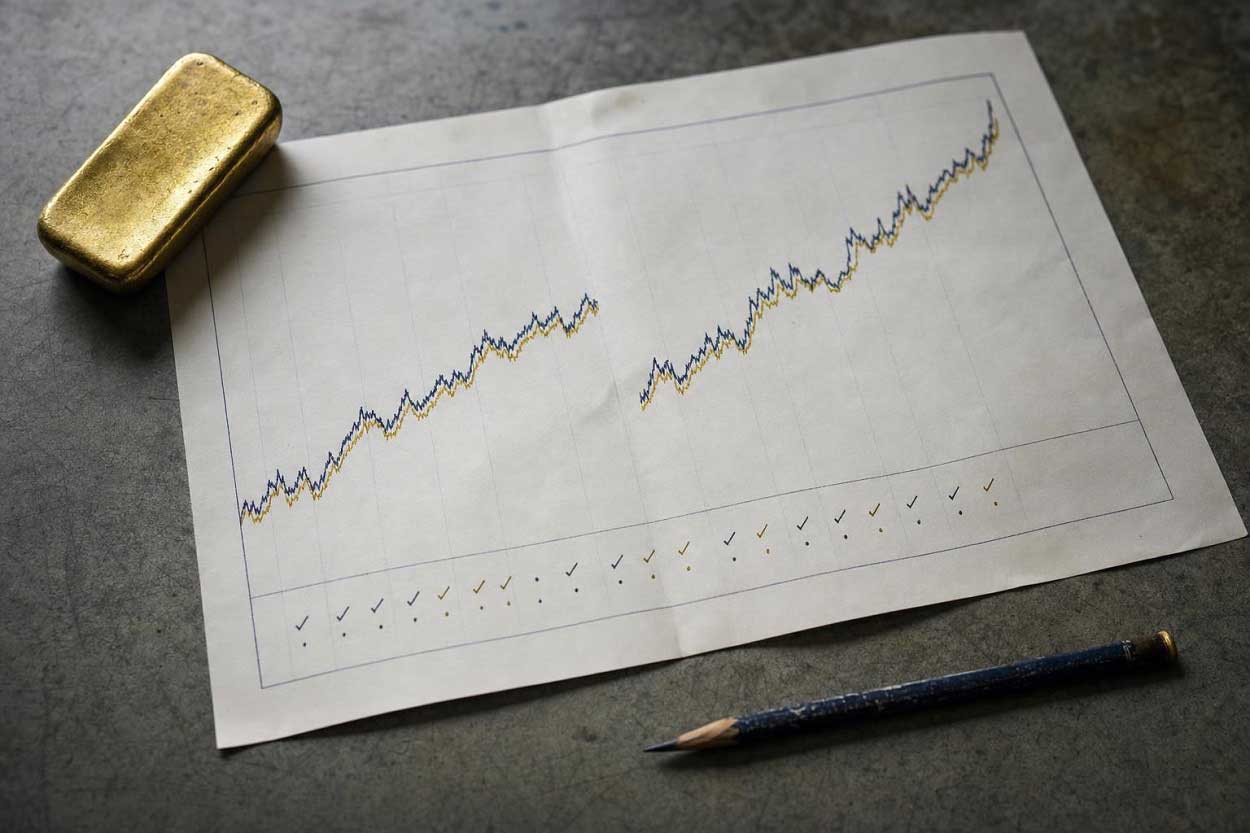 Gold bar beside a printed financial chart showing a strong upward price trend over time.
