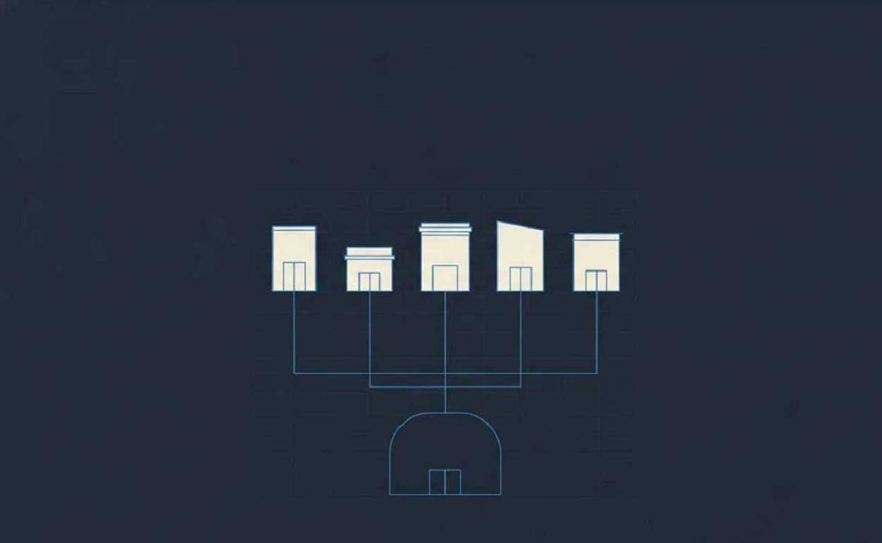 Five distinct facades rising from a single shared form beneath them.