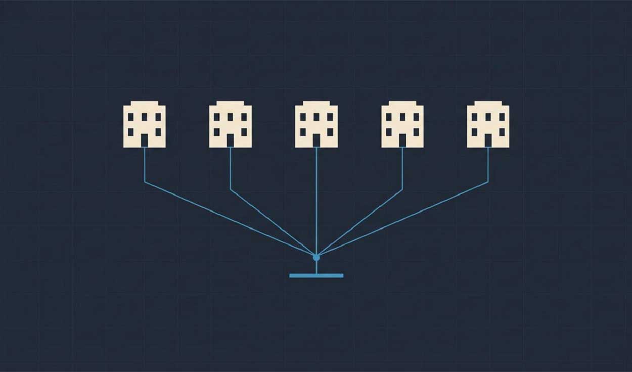 Five facades sharing one connection point where a single break appears.