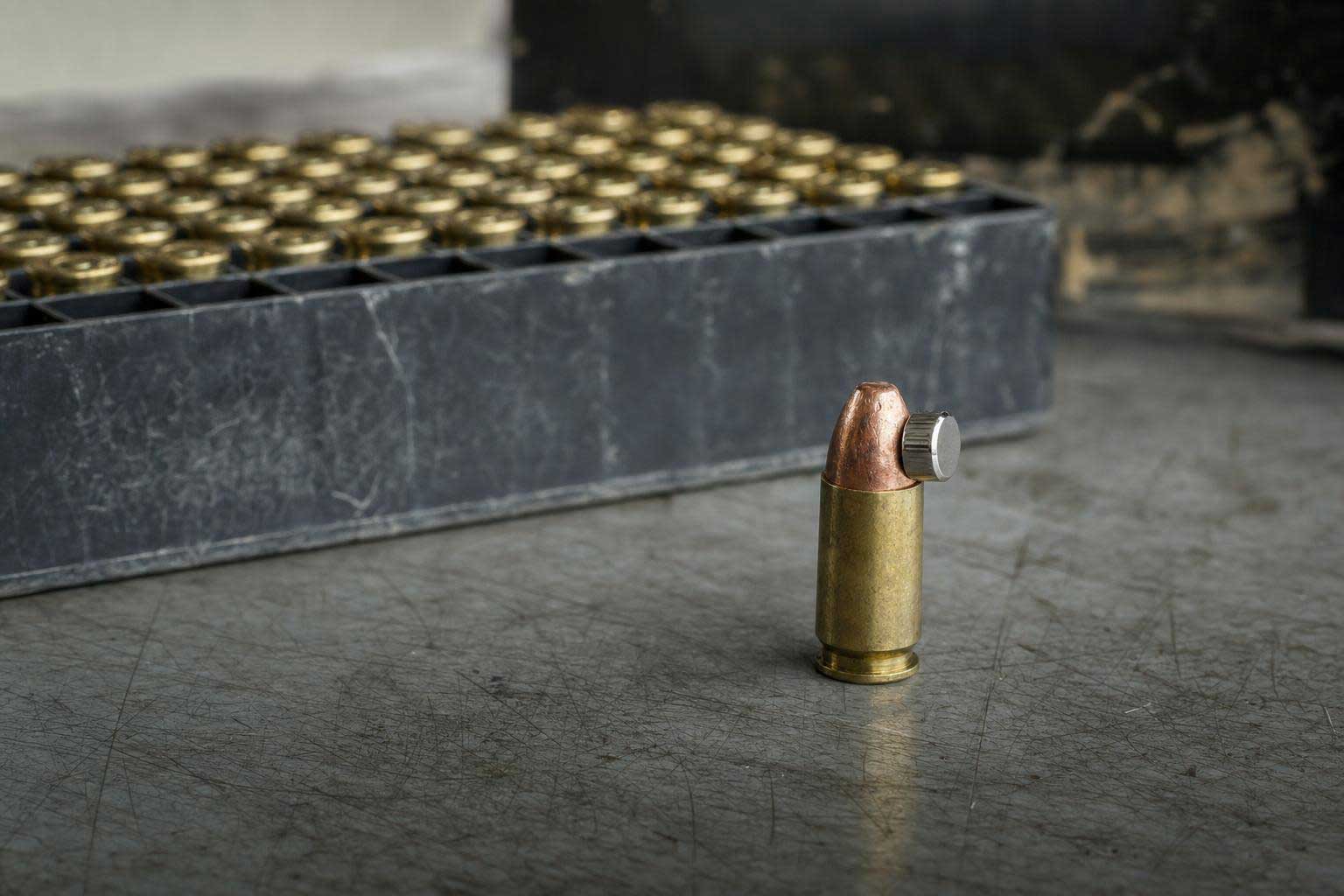 Modified cartridge with a bent copper bullet and a metal screw protruding from the side.