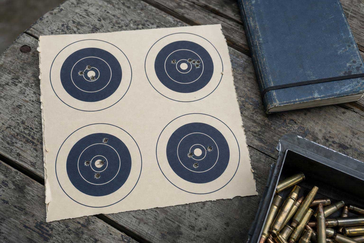 Paper shooting targets showing several bullet holes beside a box of rifle ammunition.