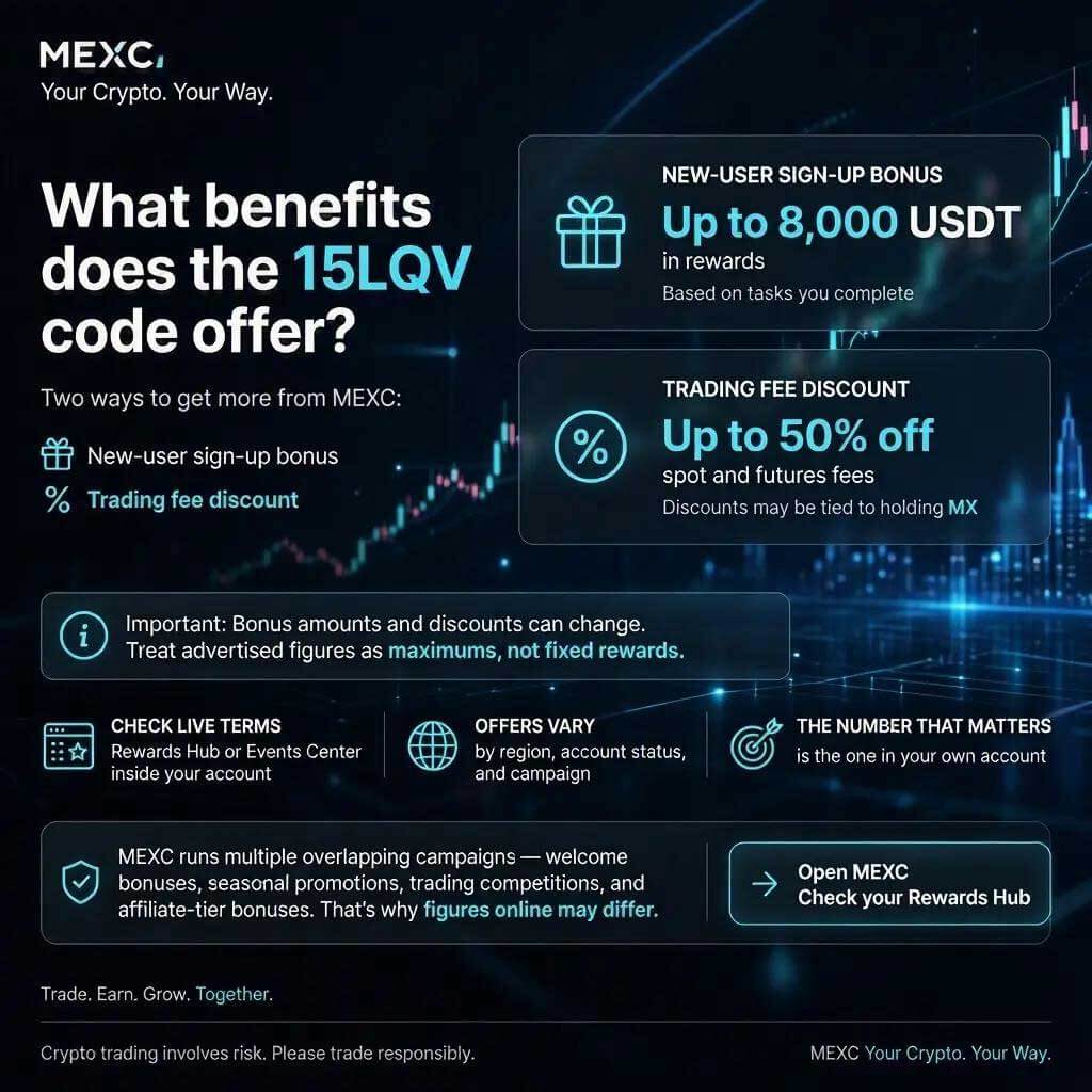 MEXC referral code 15LQV infographic highlighting a new-user bonus of up to 8,000 USDT and trading fee discounts of up to 50%.