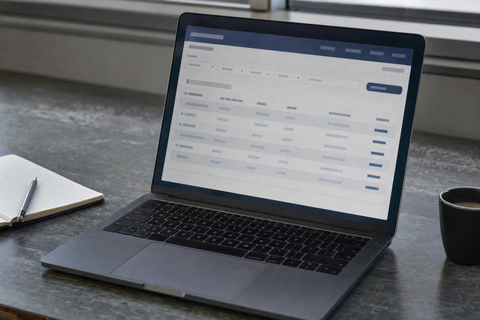 Laptop displaying an online dashboard on a desk beside a notebook and coffee cup.
