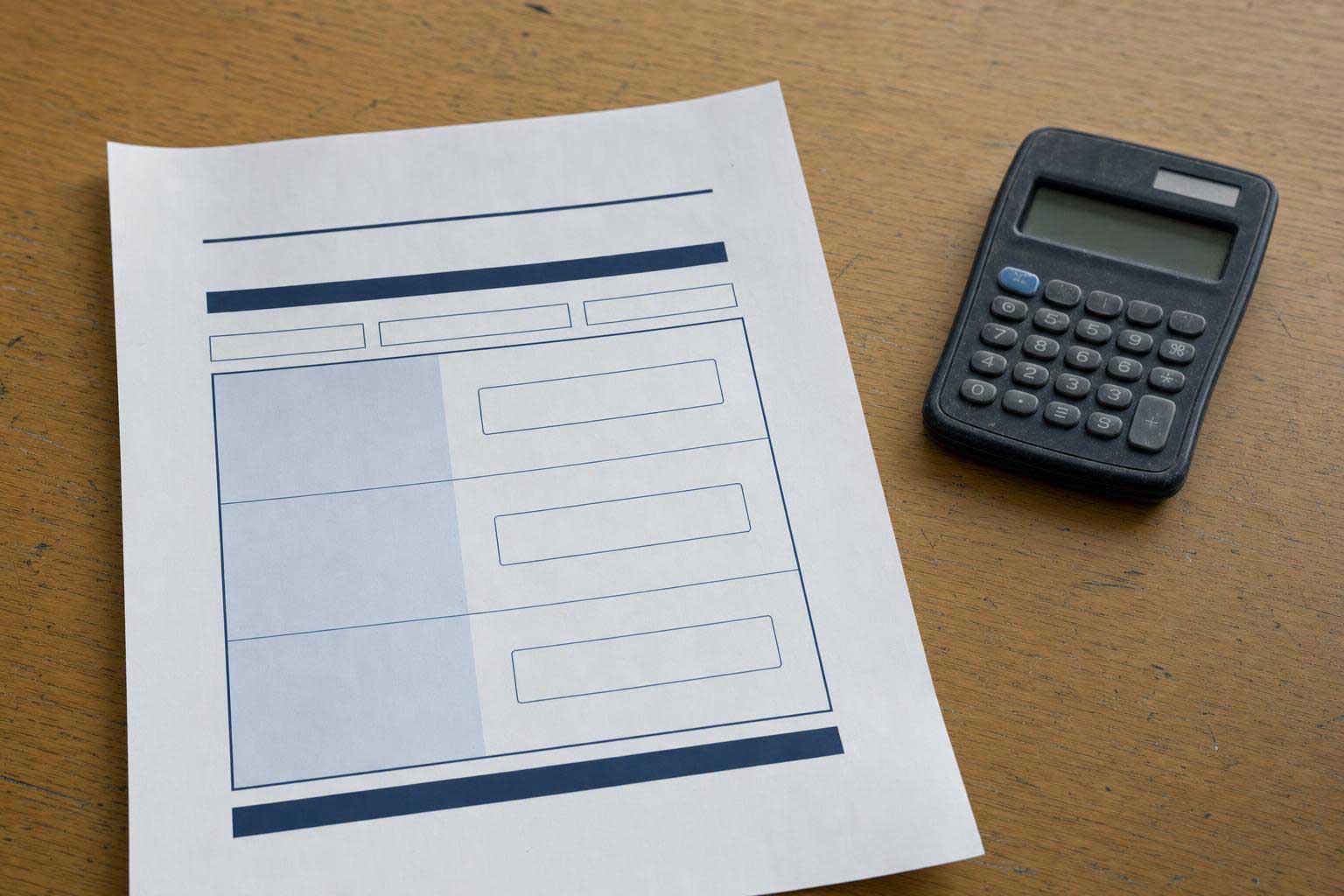 Printed financial or data form beside a calculator on a wooden desk.