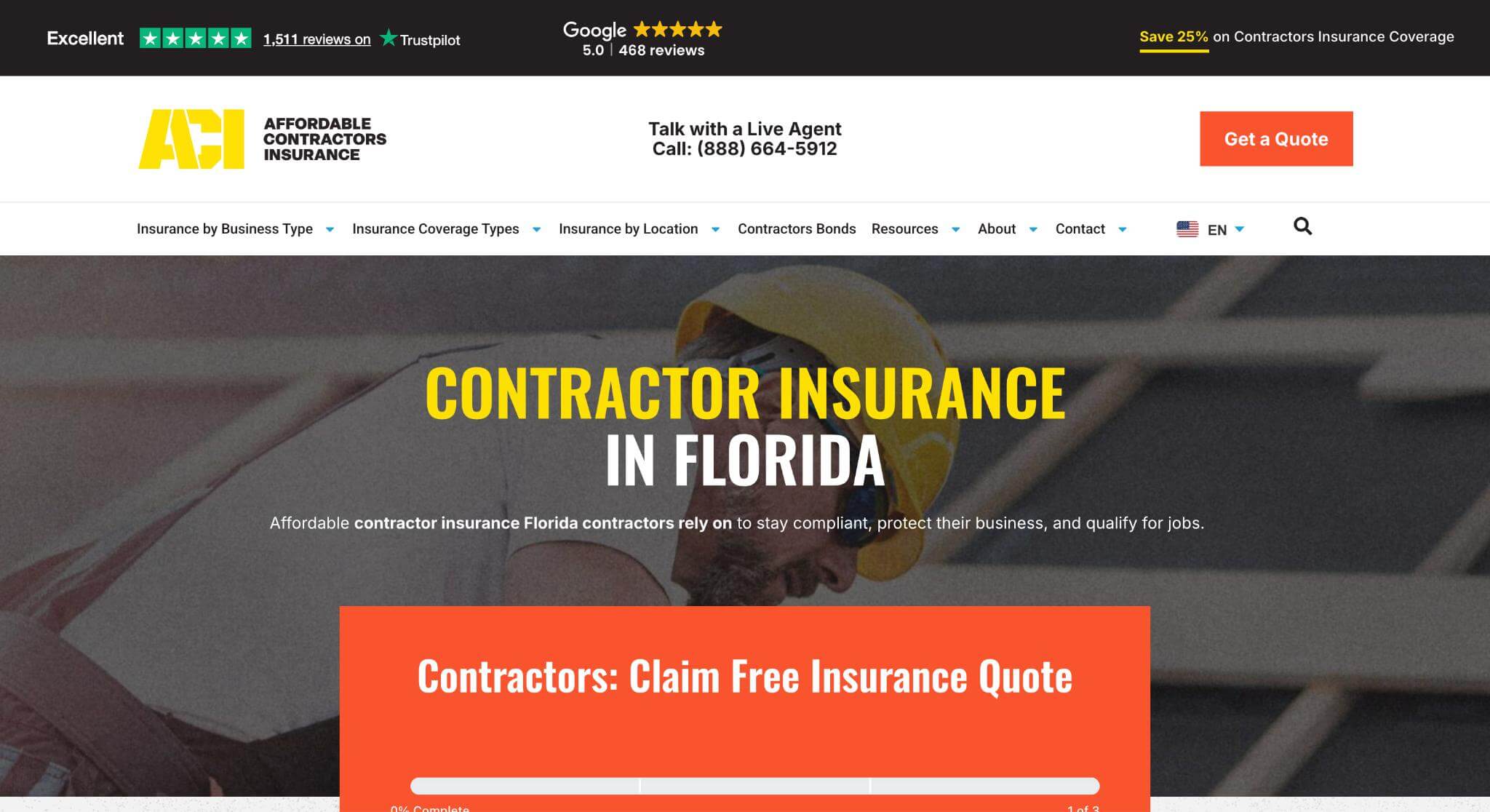 Affordable Contractors Insurance Websites Homepage Screenshot