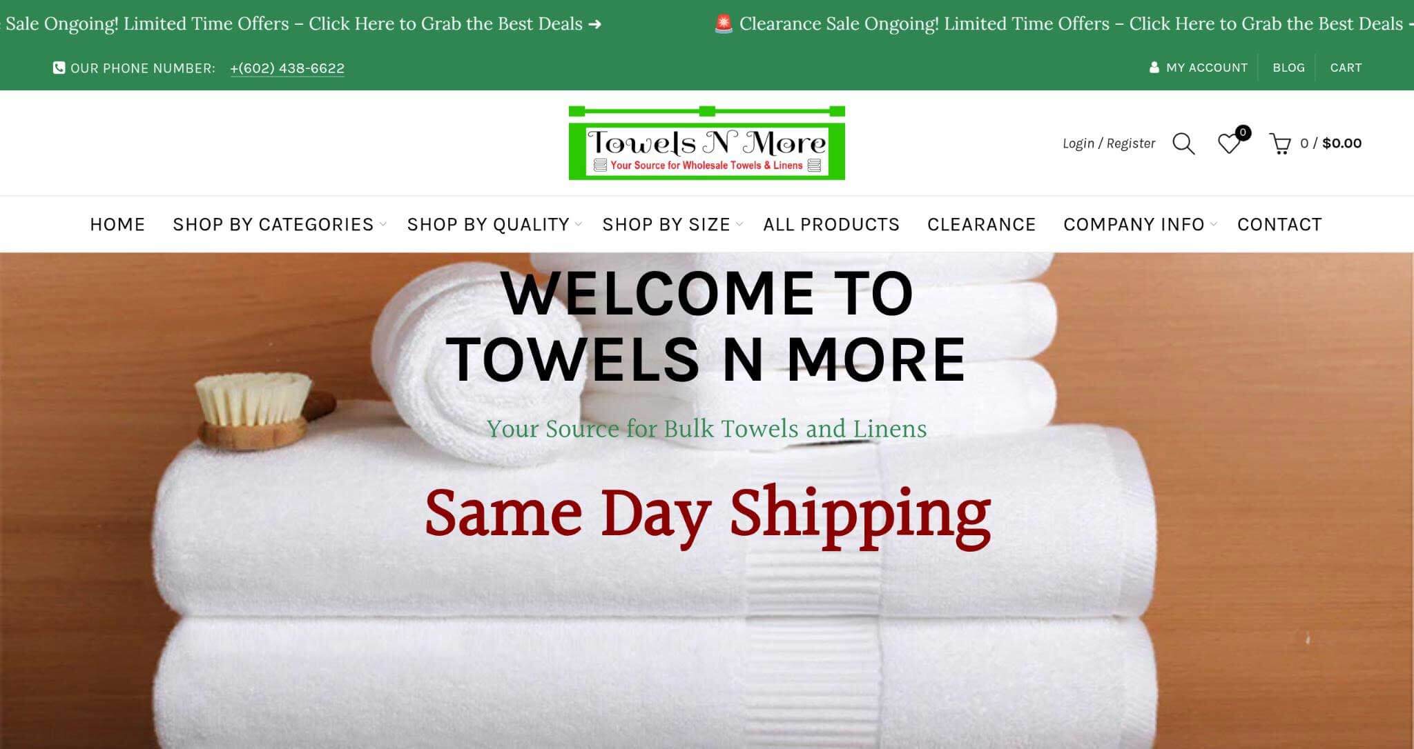 Towels N More Websites Homepage Screenshot