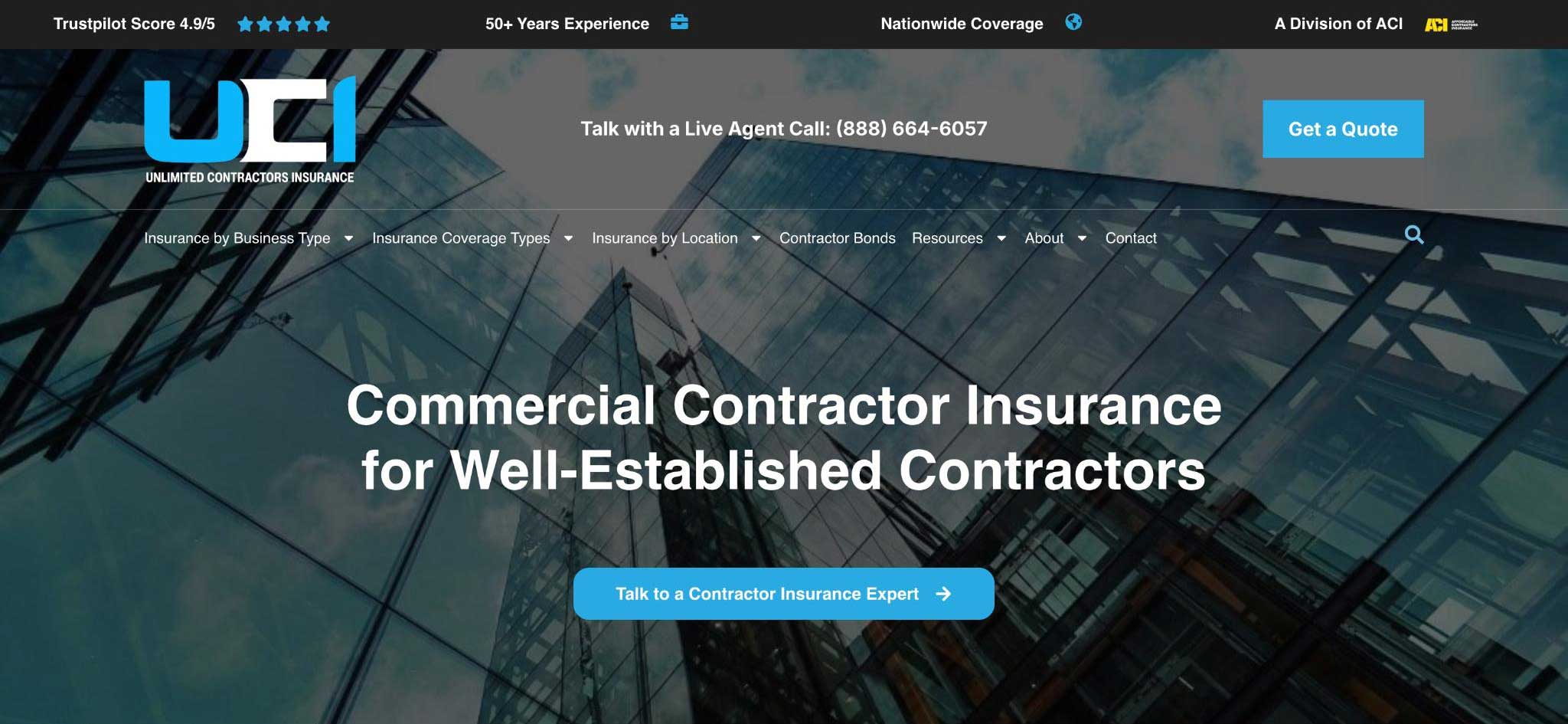 Unlimited Contractors Insurance Websites Homepage Screenshot