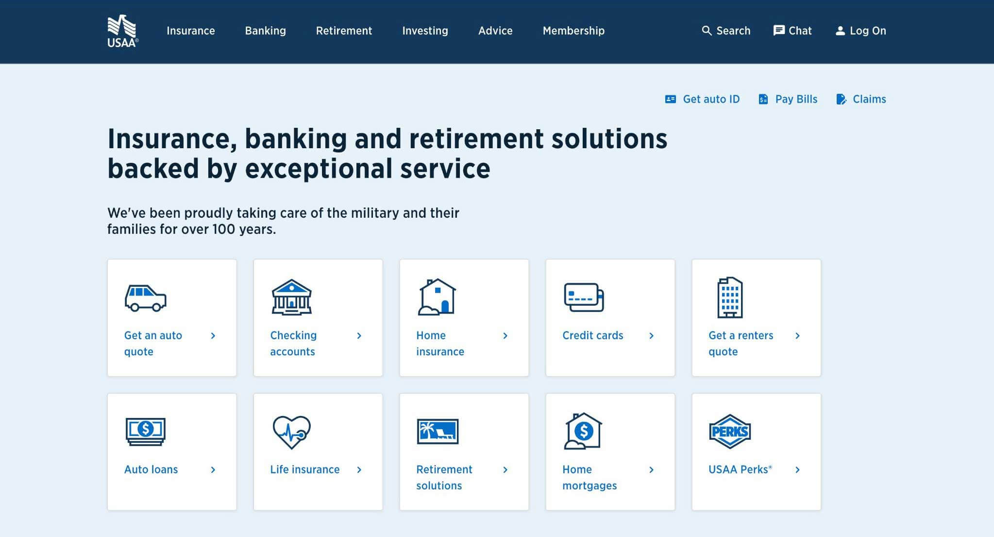 USAA Websites Homepage Screenshot