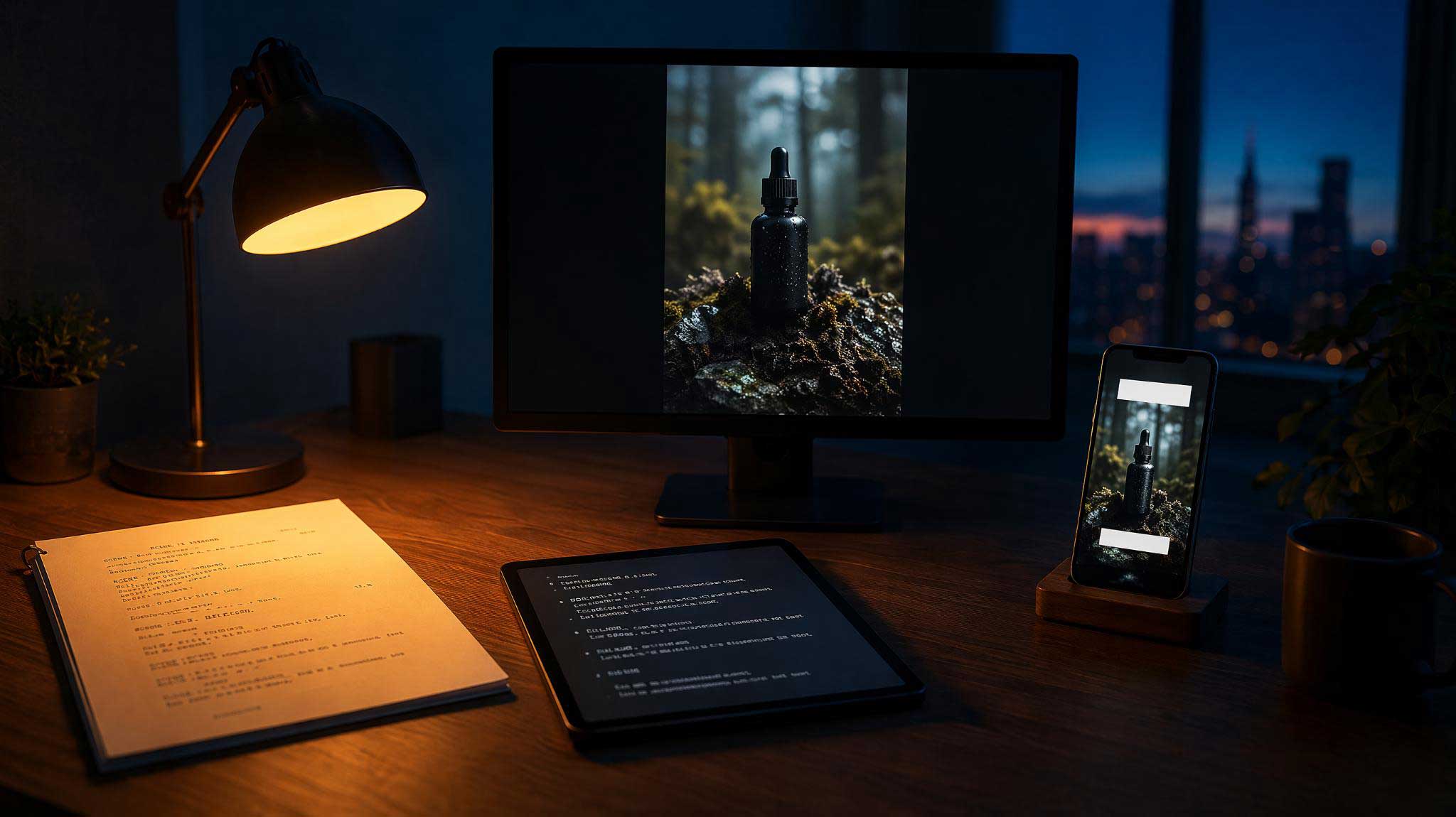 Desk with a lamp and tablet.