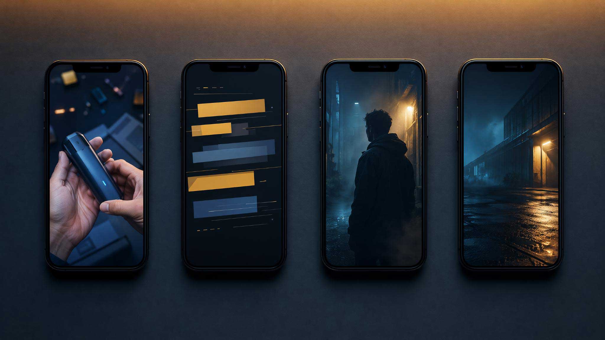 4 phones on a table displaying different images.